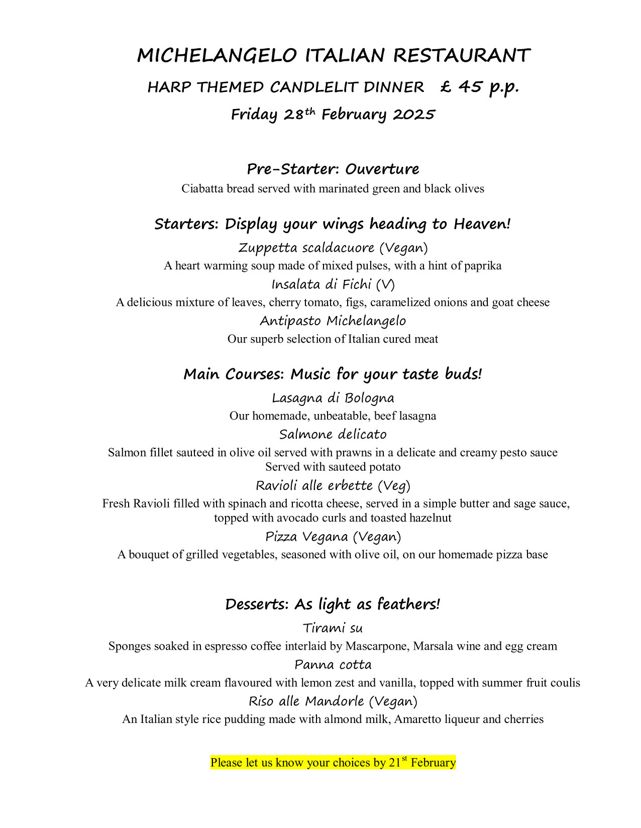 harp dinner 24 menu 2020